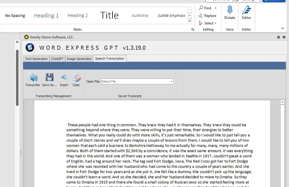 speech transcription software for Microsoft Word